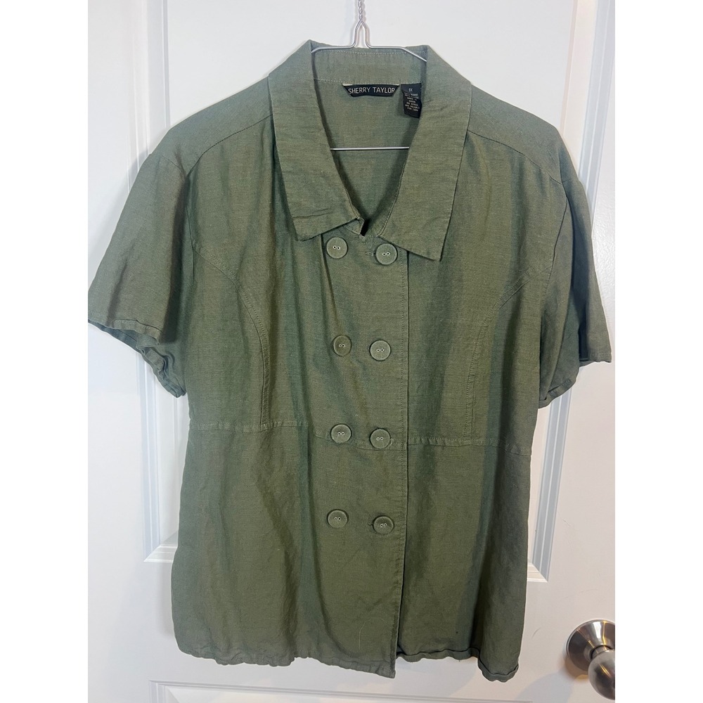 Sherry Taylor Women Short Sleeve Top Double Breasted Ramie Rayon Green 1X